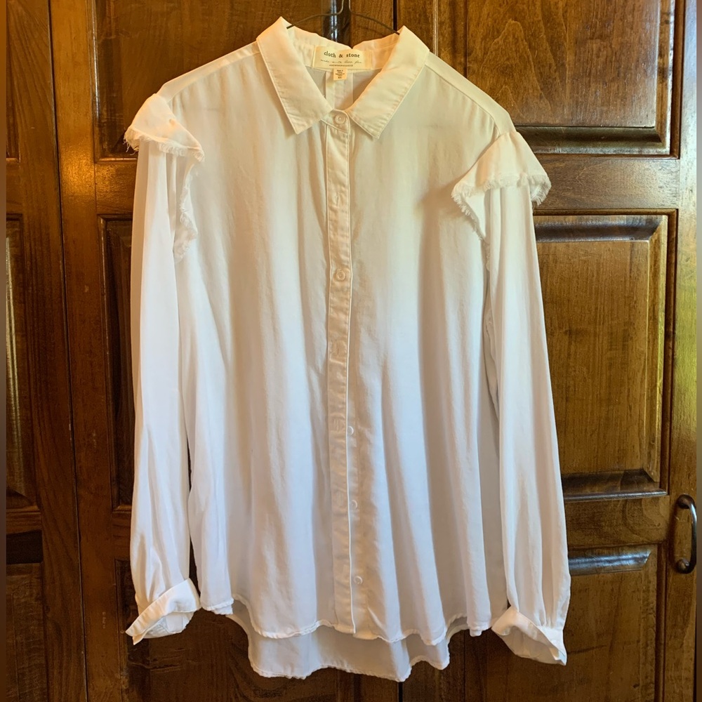 Anthropologie Cloth & Stone White Button Down Shirt with Ruffle Accents